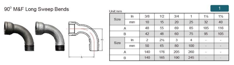 Galvanized Malleable Iron Pipe Fitting M&F Long Sweep Bends