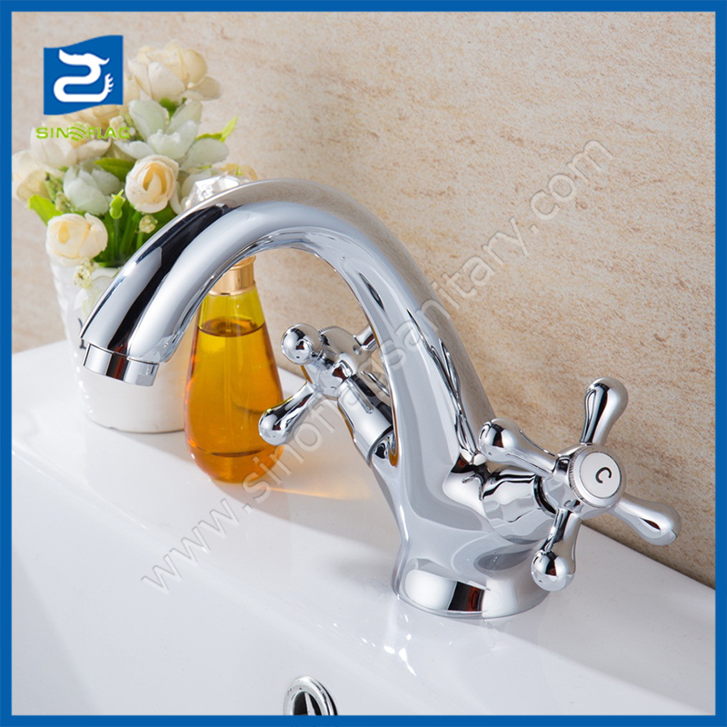 Double Cross Handle Lavatory Chrome Swan Neck Basin Mixer Faucets