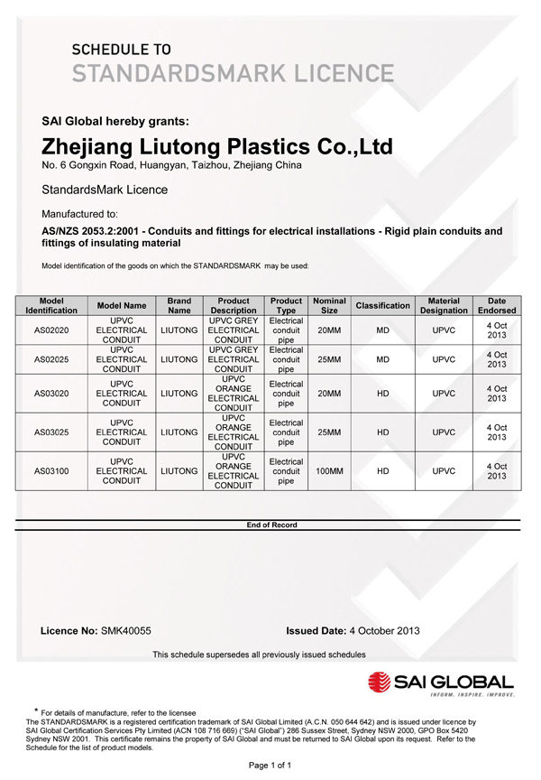 Australia Standard (AS/NZS2053) UPVC / PVC Plastic Pipe / Conduit & Fittings