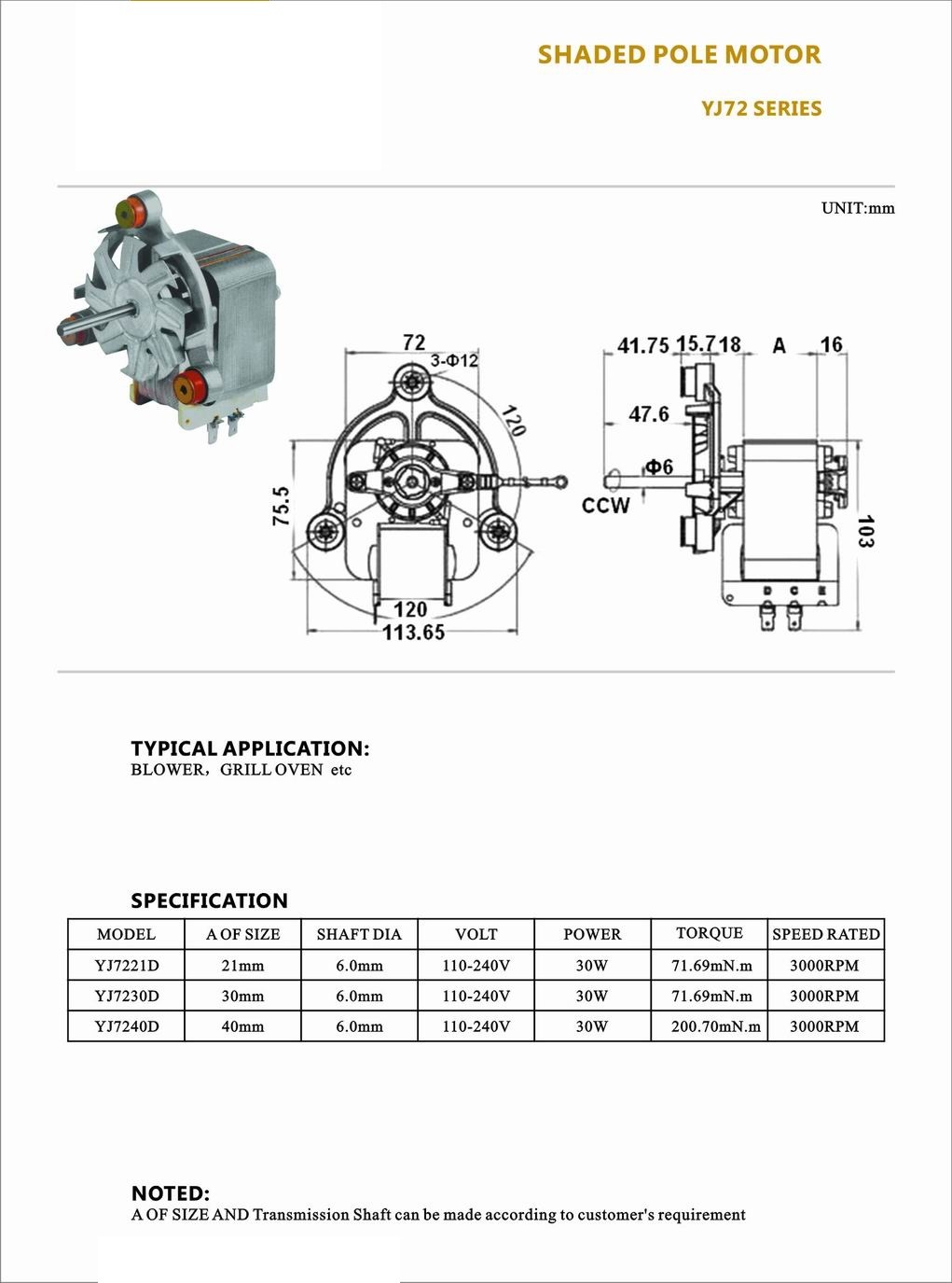 AC Shaded Pole Motor for Hand Juicer/Mincer