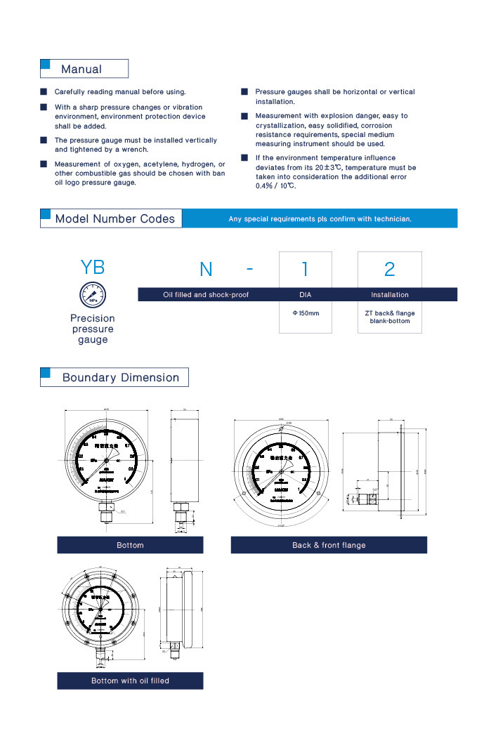 Best Quality Back and Front Flange Precision Pressure Gauge Yb - 1502t