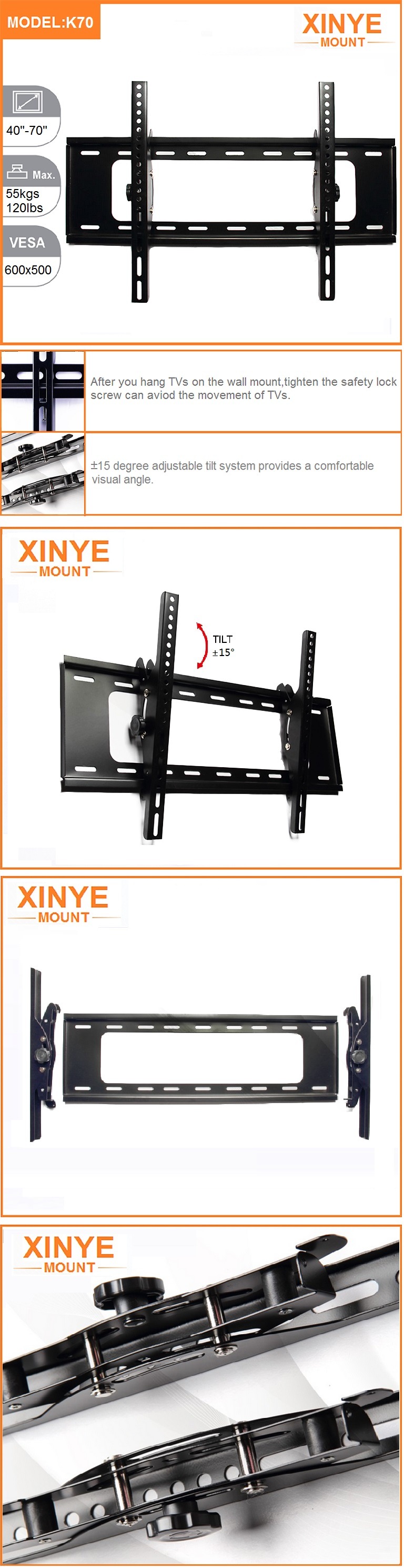 K70 Vesa 600X400 Heavy-Duty Tilting LCD TV Mounts