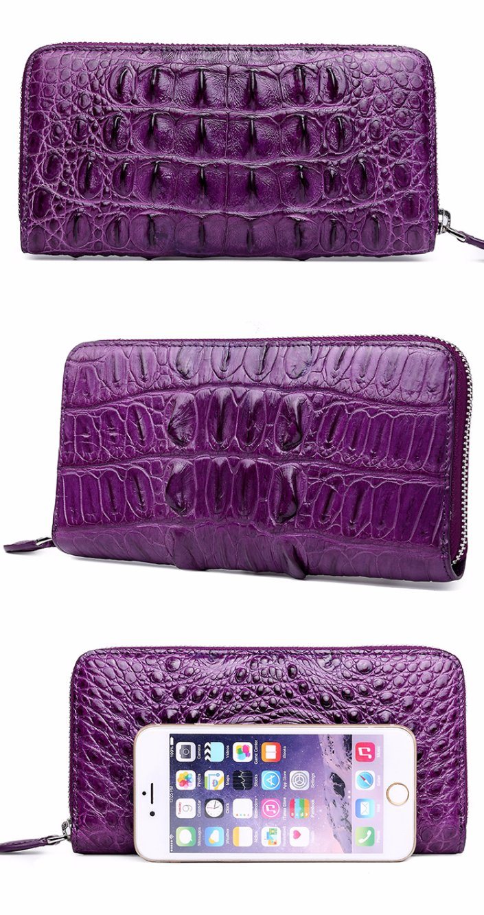 Luxury Zipper Design Good Quality Purple Alligator Skin Leather Wallet for Women