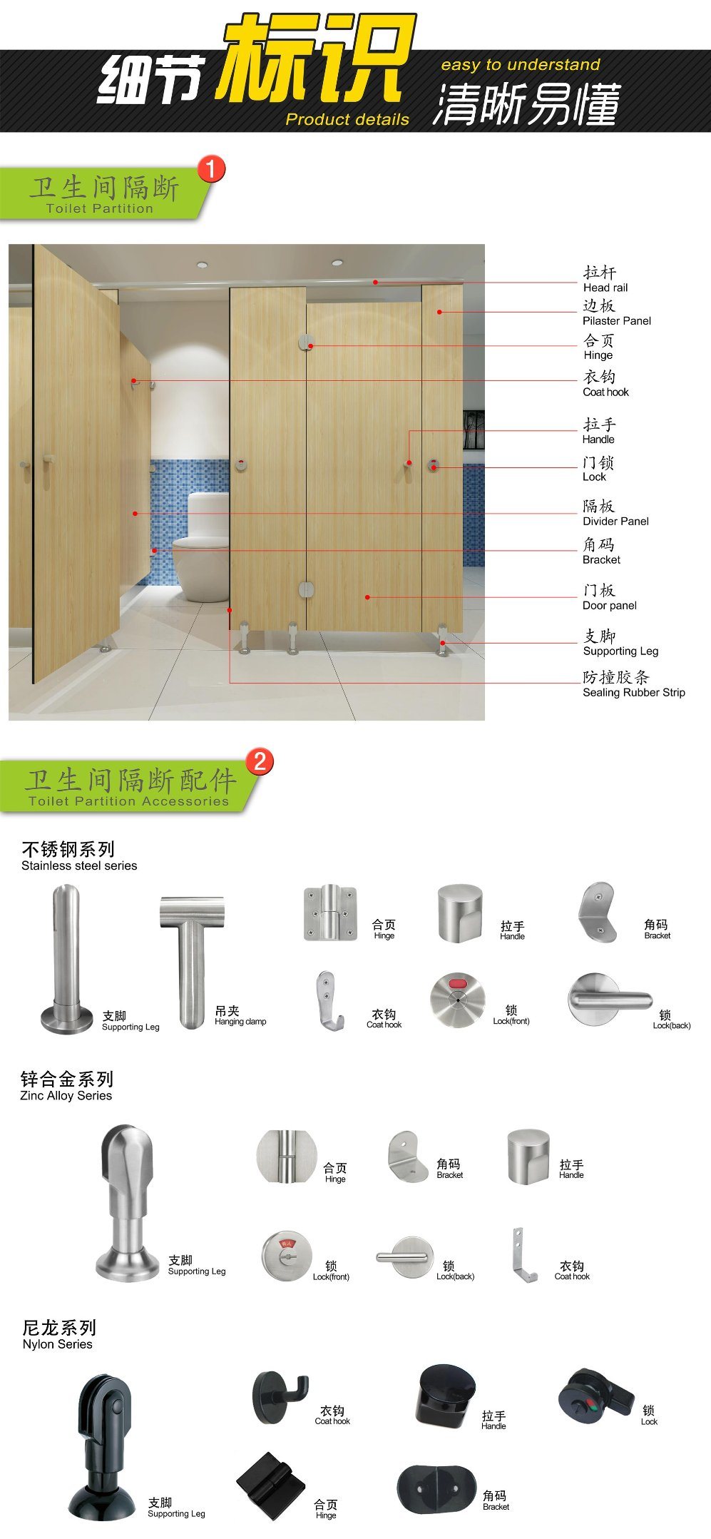 Public Brand Name Bathroom Door and Accessories