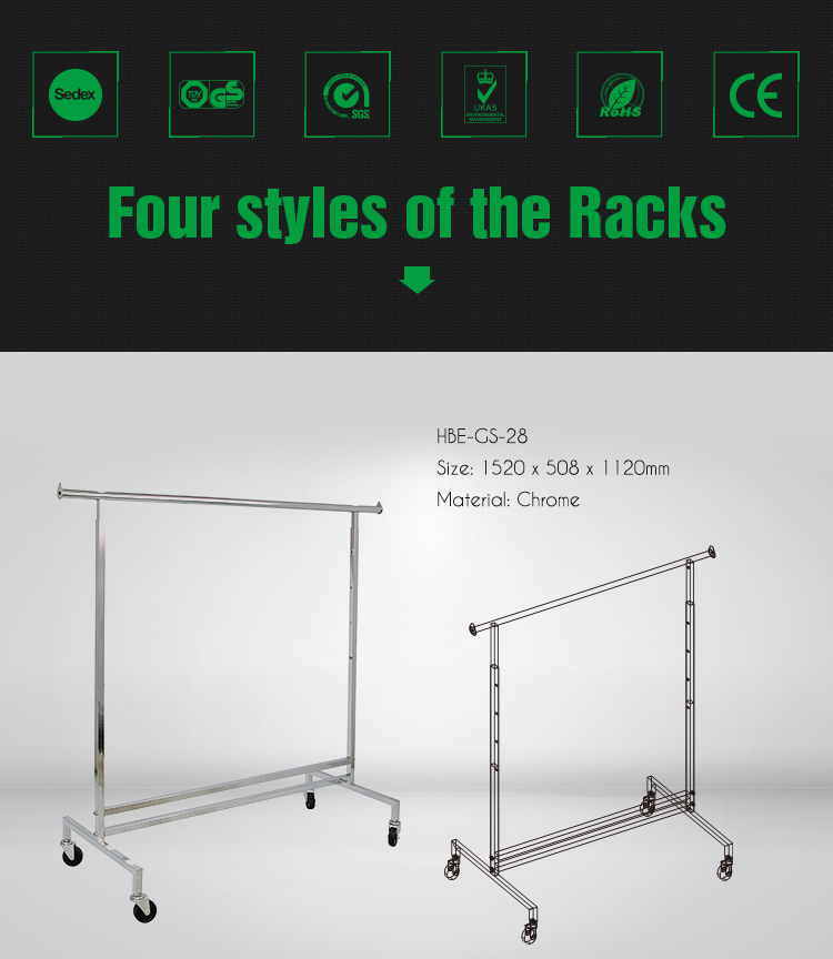 Movable Heavy Duty Chrome Metal Rolling Clothes Garment Clothing Hanging Rack with Wheels