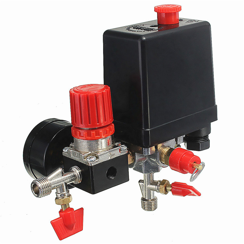 Air Compressor Pressure Valve Switch Manifold Relief Regulator Gauges 180psi 240V 45X75X80mm Popular