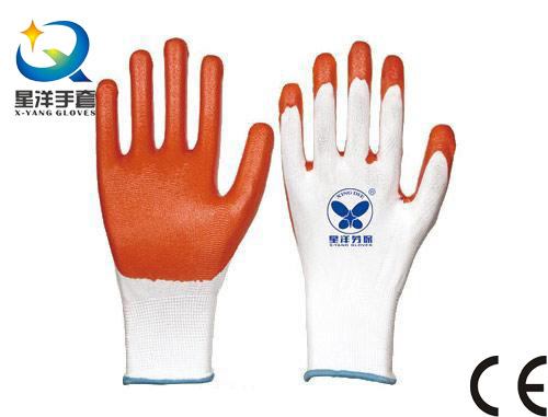 13G White Polyester with Orange Nitrile Coated Gloves