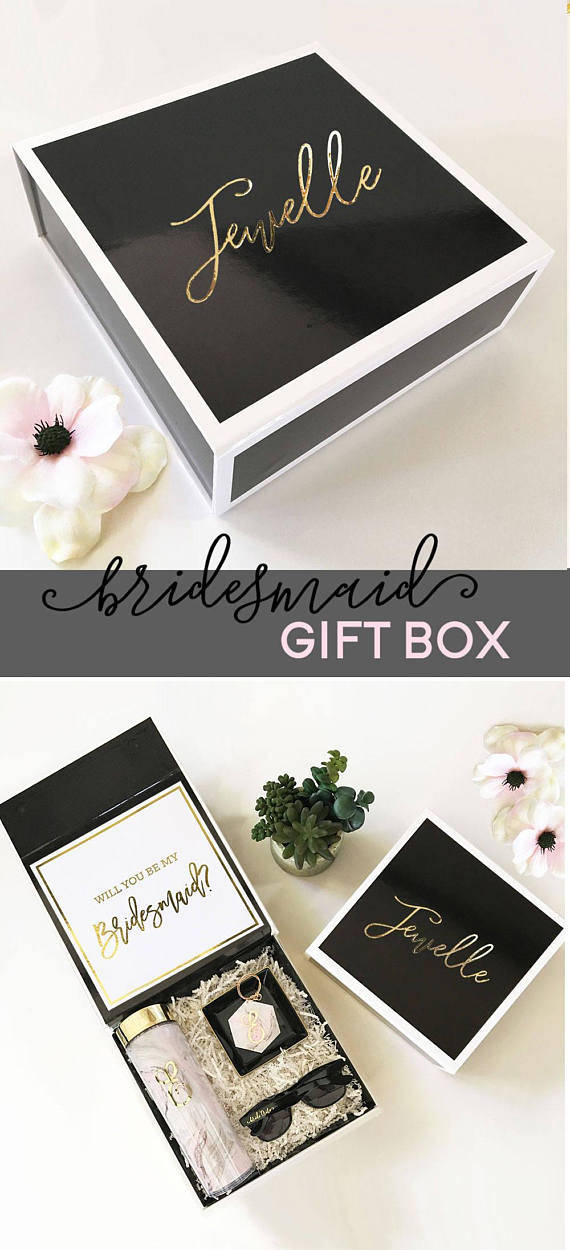 Maid of Honor, Empty Wedding Gift Black Bridesmaid Proposal Box with Gold Foil