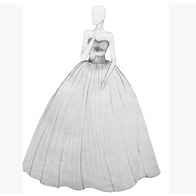 Design Drawing Manuscript Sketch Realizable Wedding Dress (Dream-100002)