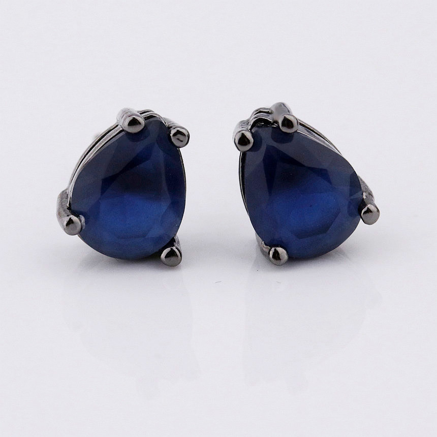 Pear Shape Blue Color Stud Earring with Black Rhodium Plated