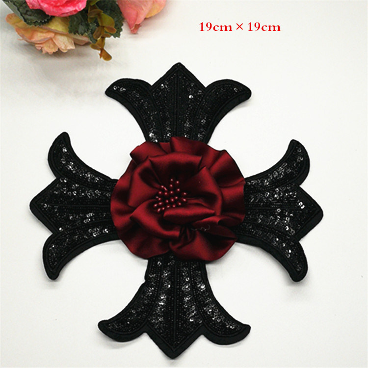 Custom Black Cross Flower Patch Sew on Sequin Embroidery Patch for Garment