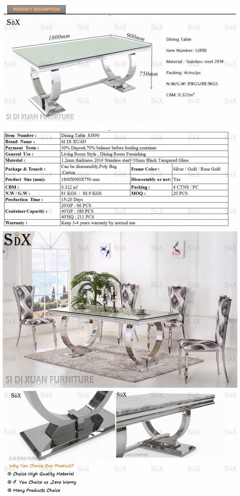 Modern Glass Dining Furniture with Stainless Steel Table Chairs