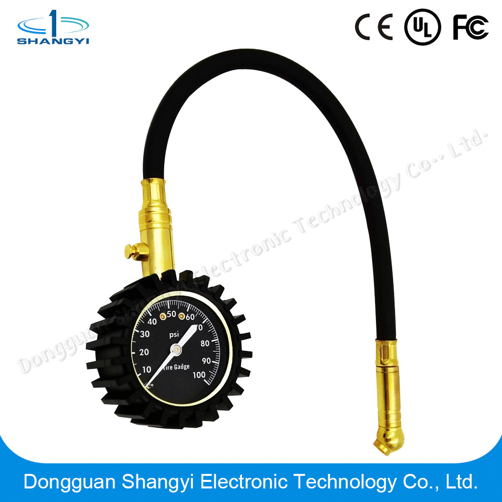 Dual Scale Goldenstainless Steel Tire Pressure Gauge with Flexible Hose