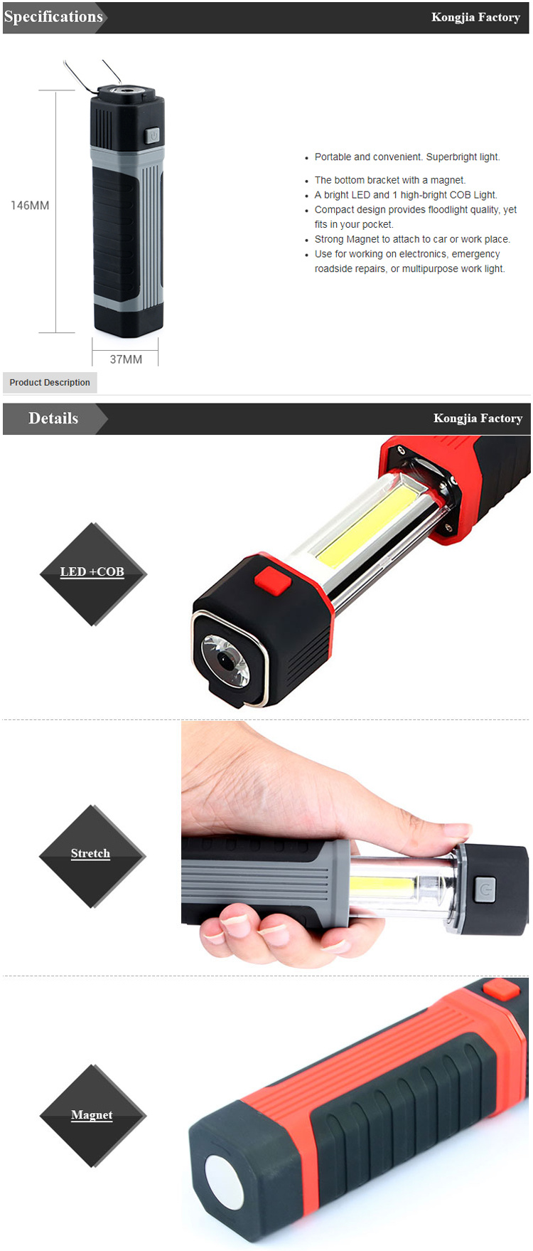 Stretchable COB Work Light Repairing Lamp Super Bright