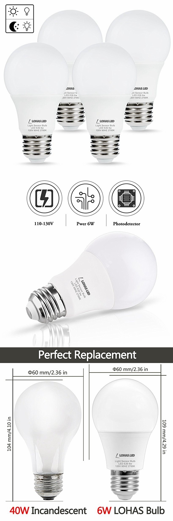 LED Dusk to Dawn Bulb Sensor Light Bulb, 6W A19 LED Warm White 2700K Automatic Light Sensor Bulb