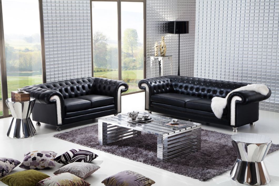Black Leather Button Sofa 3-Seaters, Stainless Steel Legs Sofa Yh-136