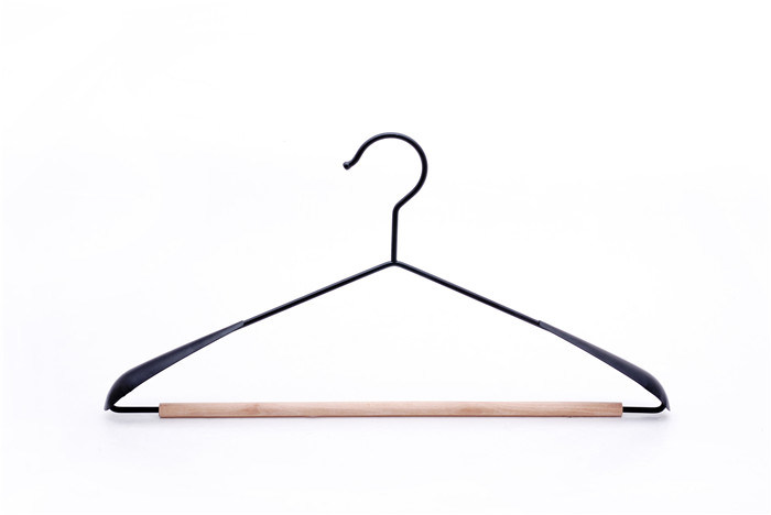 Achino Black Paint Metal Hanger with Wood Bar and Extra Wide Shoulders for Clothes