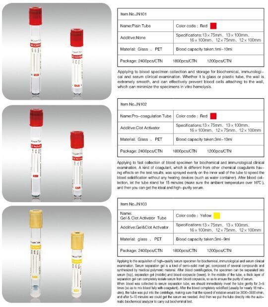 Plain Tube/PRO-Coagulation Tube/Gel & Clot Activator Tube/PT Tube/EDTA Tube/Glucose Tube/ESR Tube