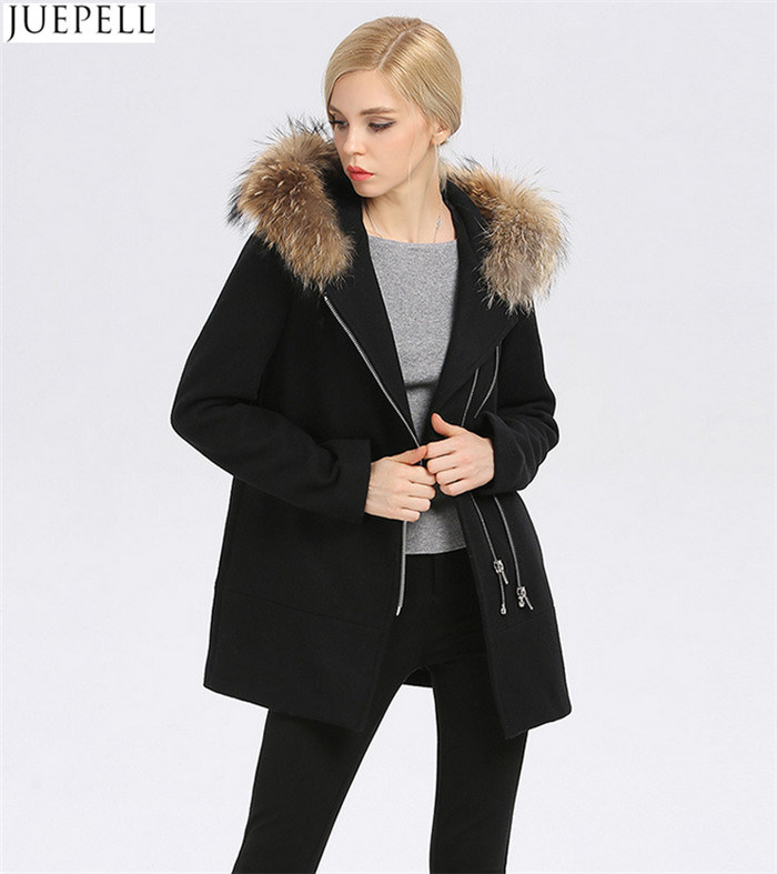 Europe Women Coat New Winter Long Women's Wool Hooded Fur Collar Fur Women Coat