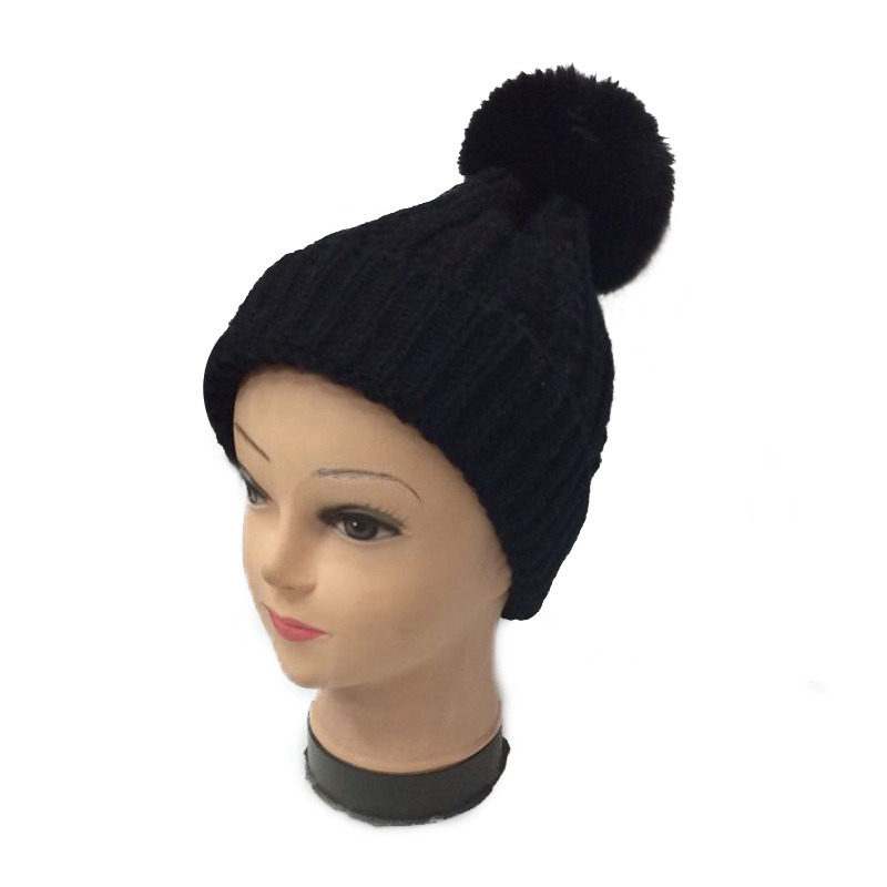 Custom Plain Black POM POM Knit Beanie for Ladies