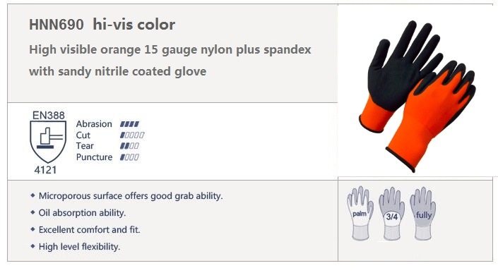 High Visible Orange Nylon with Sandy Nitrile Coated Work Glove