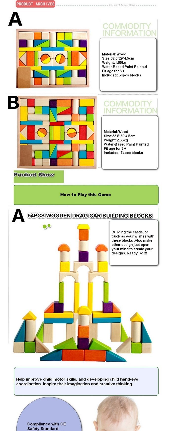 Classic Wooden Children Educational Toy Shapes Colors Building Blocks