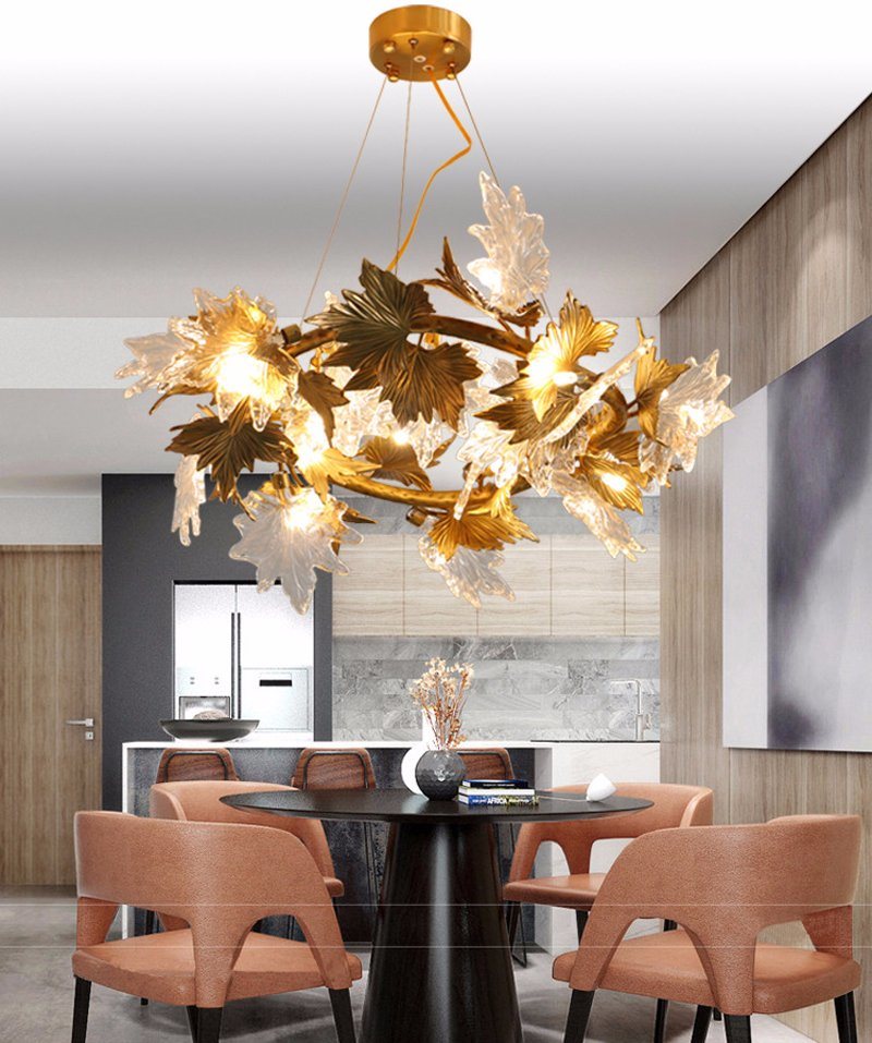 Contemporary Copper Glass Maple Leaf Chandelier with G9 LED Bulb