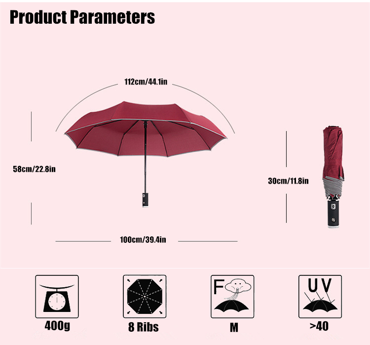 Car Safety Sunny Rainy Fashion Creative Folding Umbrella Full Automatic Windproof Men Women LED Lighting Reflective Stripe