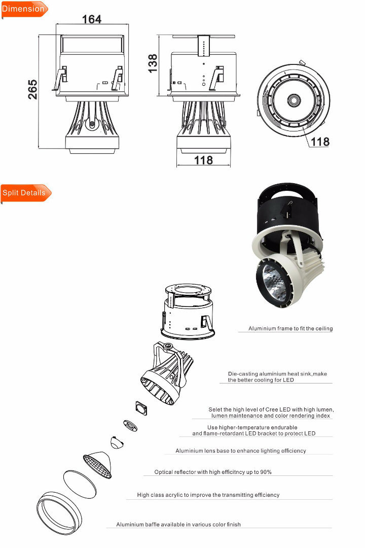 Project Lighting 35W Dimmable LED Retractable Ceiling Spot Downlight