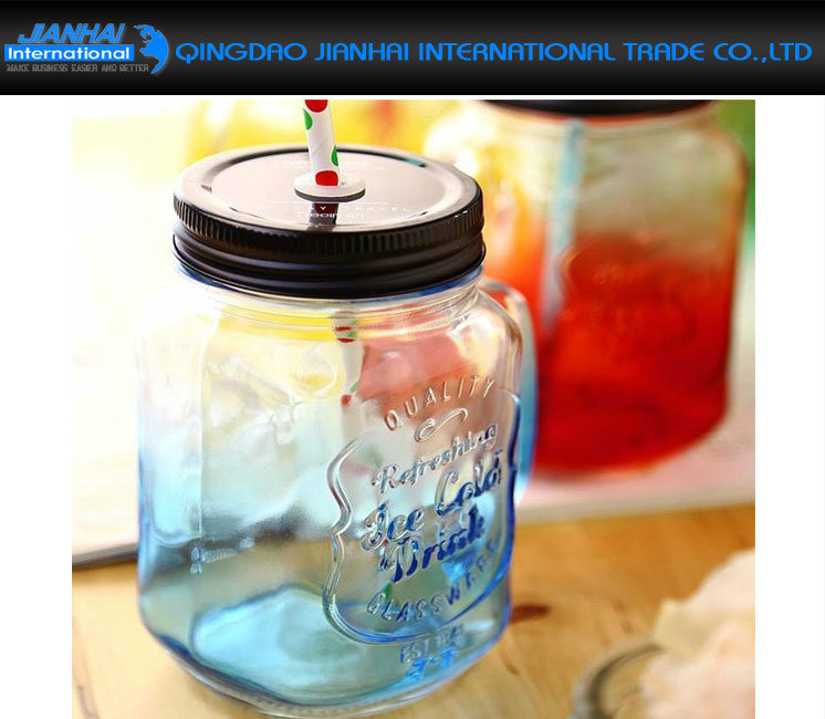 Drinking Bottle Clear Glass Mason Jar with Handle