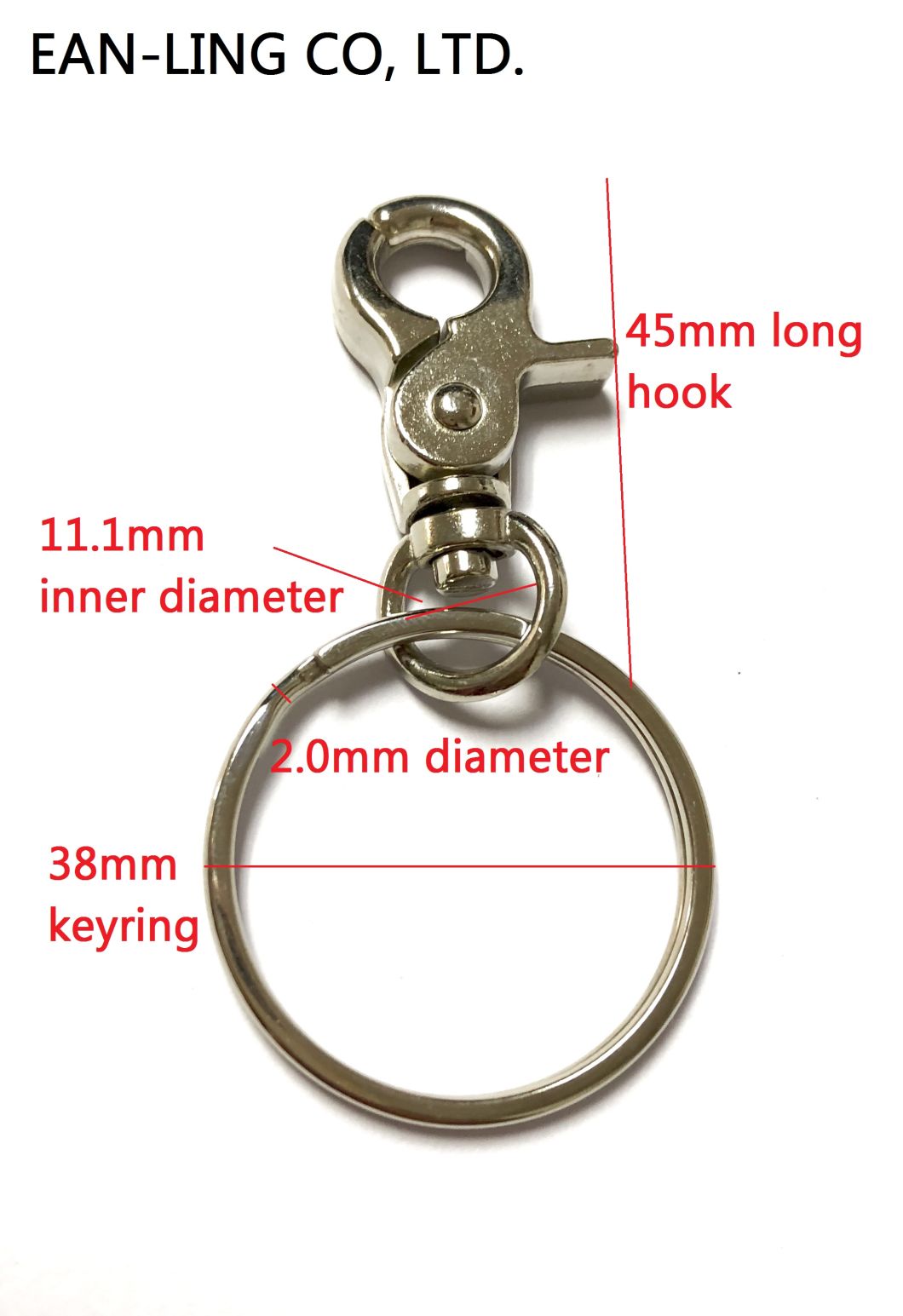 38mm Flat Split Keyring with Swivel Snap Clasp Hook for Key Attachment