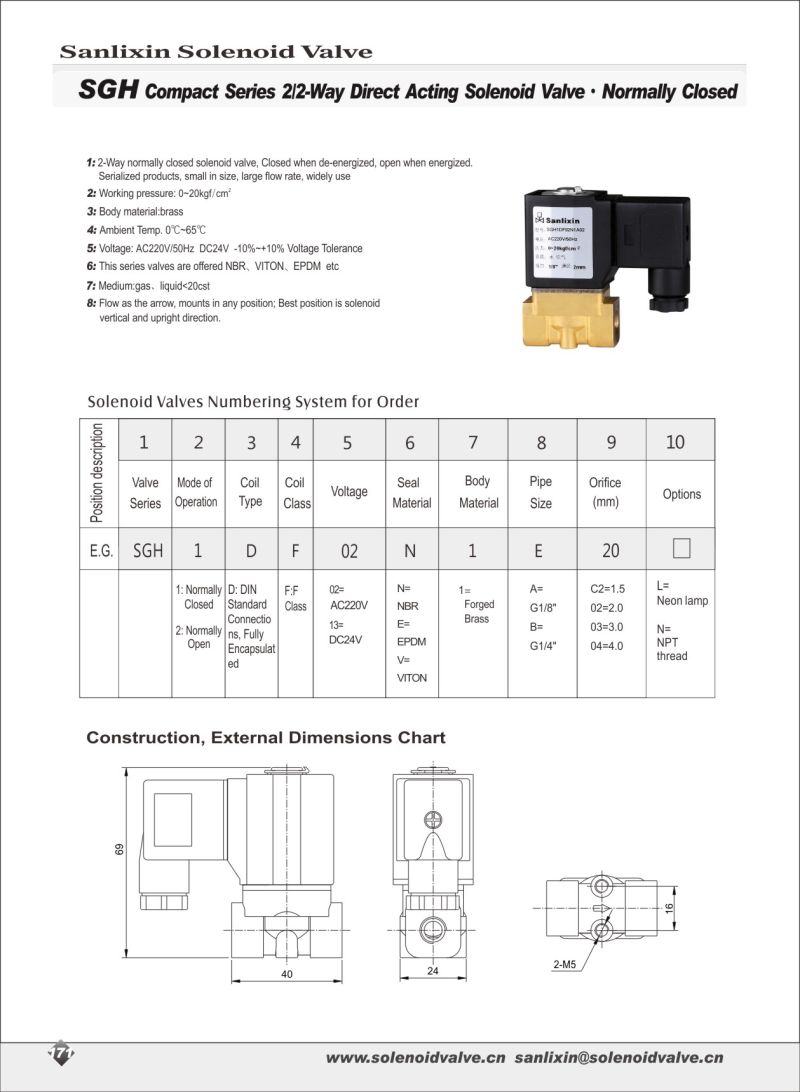 Sgh Compact Series Directing Acting Solenoid Valve--Normally Closed