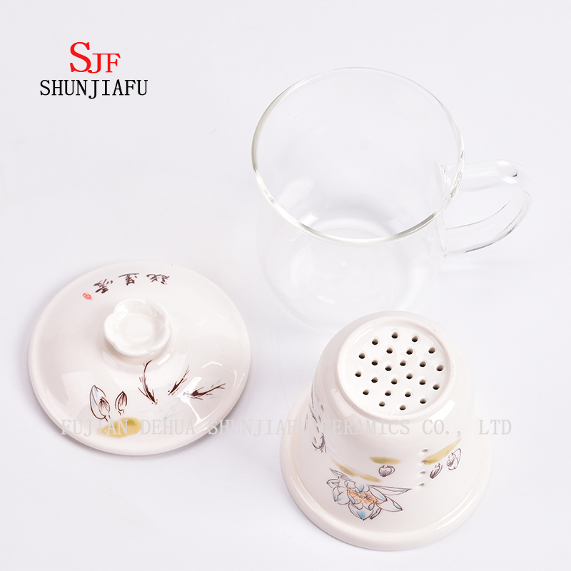 Ceramic Mugs Double Wall Glass Tea Cup Creative Transparent Mug Three-Piece Set with Filter and Lid Rose Flower Tea Mugs Glass Ceramic Cup