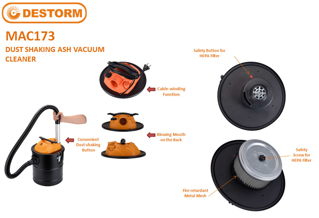 Ash Vacuum Cleaner Mac173 with Airflow Dust-Shaking Function/Filter Cleaning