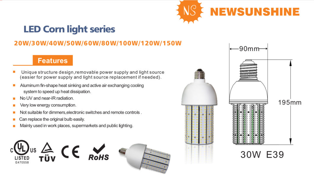 130lm/W SMD3528 UL 60W LED Corn Lamp E40 Indoors Lighting