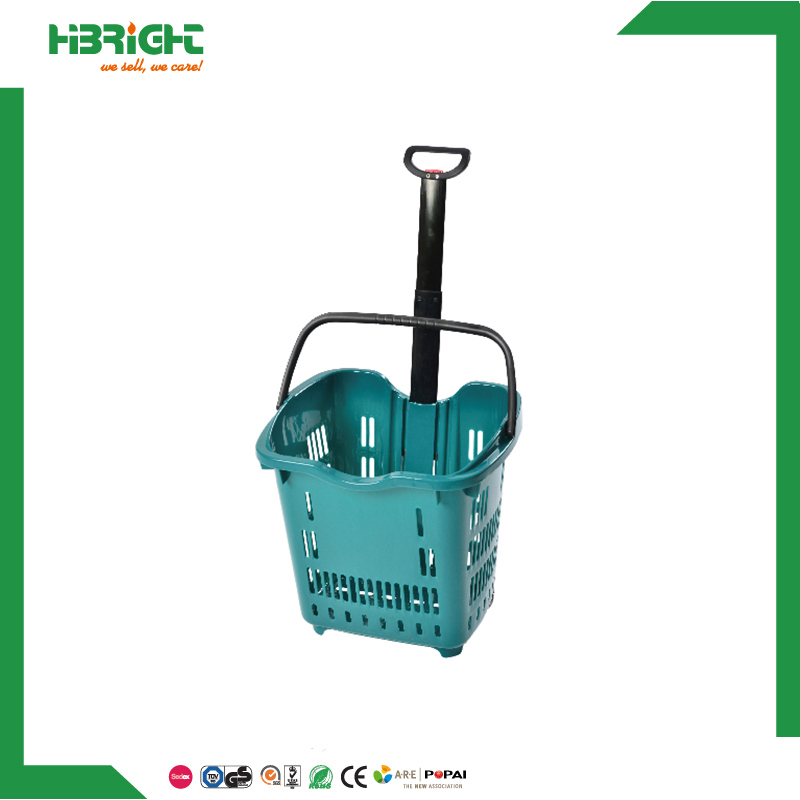 Colourful Supermarket Convenient Plastic Shopping Basket with Four Wheels