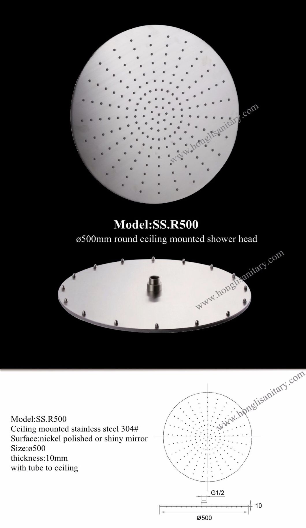 500mm Round Ceiling Mounted Rain Sky Shower Head