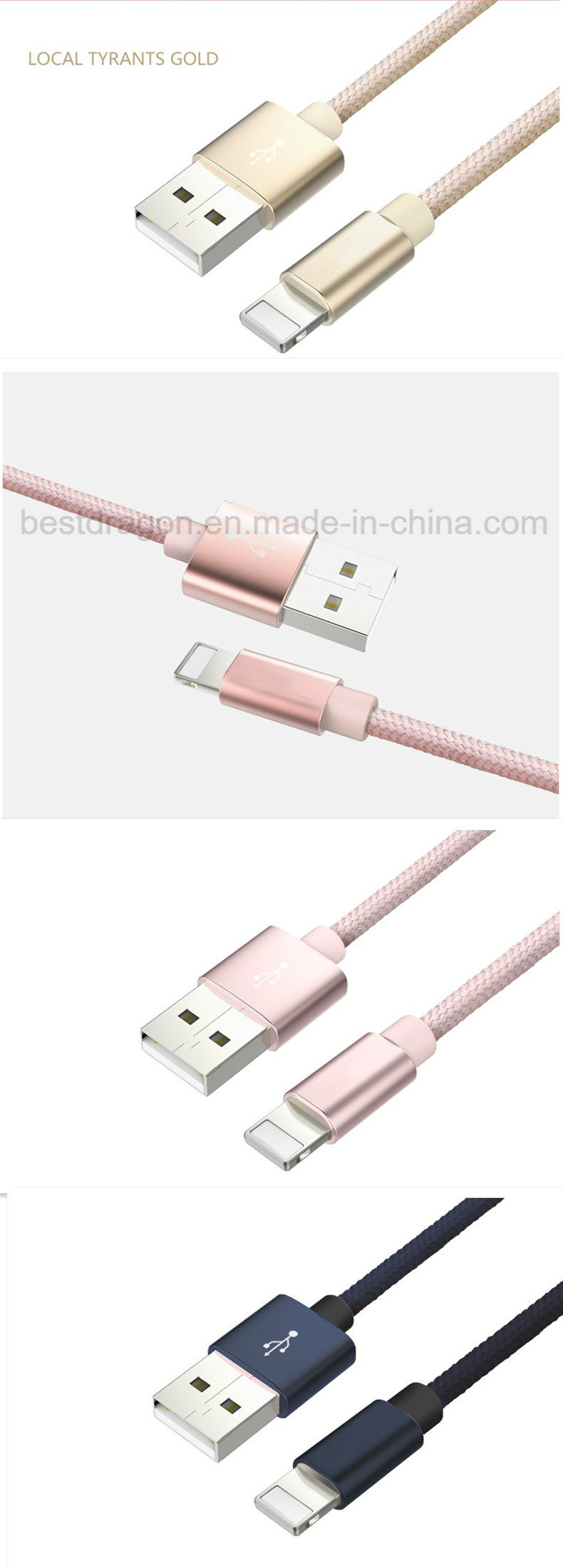 Golden Nylon Braided Multi 3.0 Type C USB Cables for iPhone iPad Mini 1/2/3/4