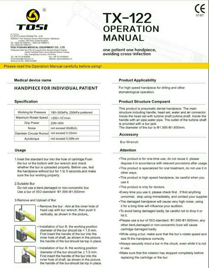 Tosi Disposable High Speed Dental Handpiece