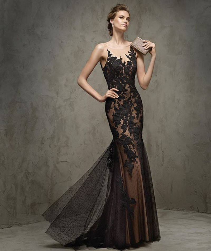 Elegant Polka DOT Tulle Bateau Neckline Mermaid Evening Dresses with Lace Appliques