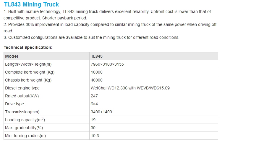 China Factory Tl843 Mining Dump Truck for Sale