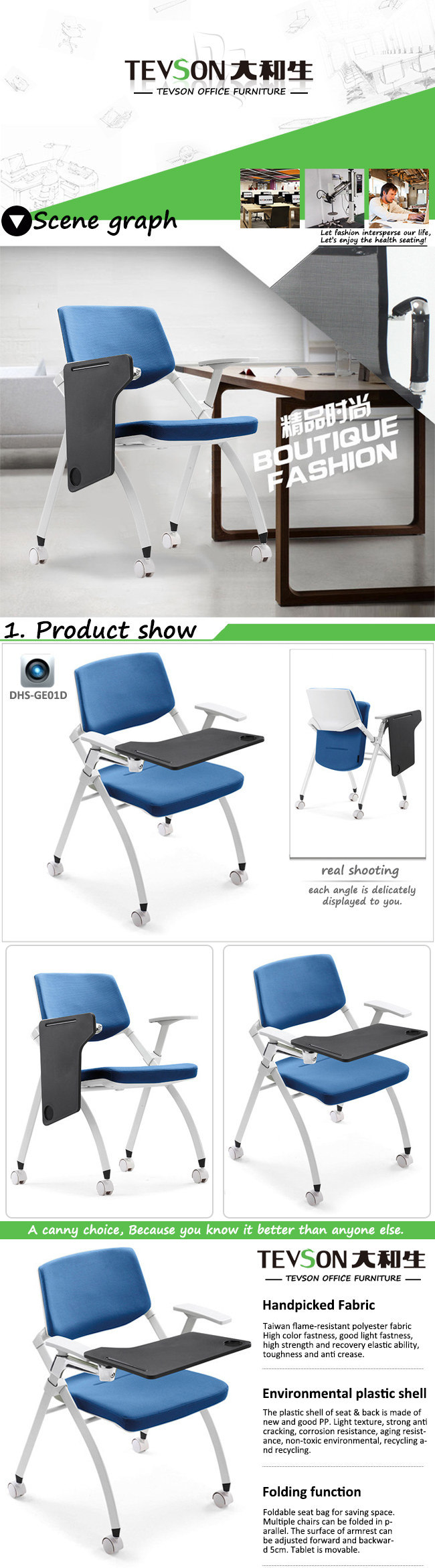 Folded Training Conference Chair with Tablet for School, Library, Lab or Office