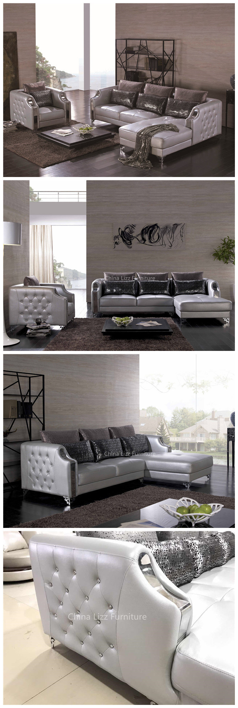 Fashion Stainless Steel Leg Leather Sofa with Crystal Button Decoration