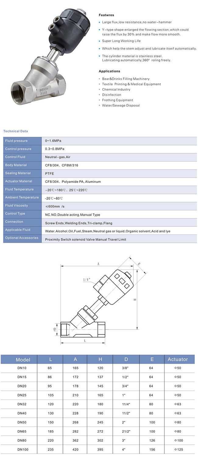 Brass Ss Welding Steam Piston Pn16 Pneumatic Angle Seat Valves