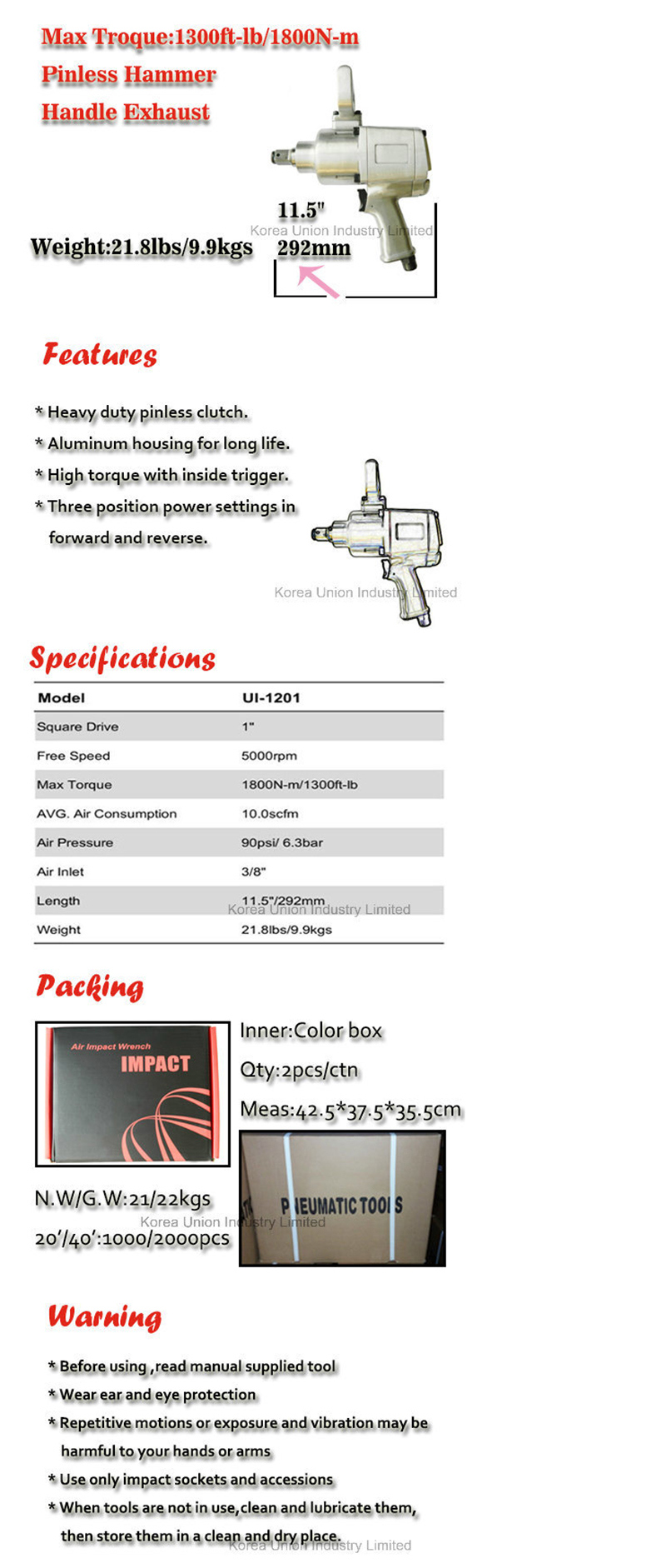 Quick Release Wrench 1 Inch Air Pneumatic Impact Gun Tool Ui-1201