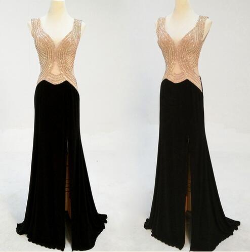 Beadling Slim Fitting Chiffon Split Cocktail Evening Prom Party Dress