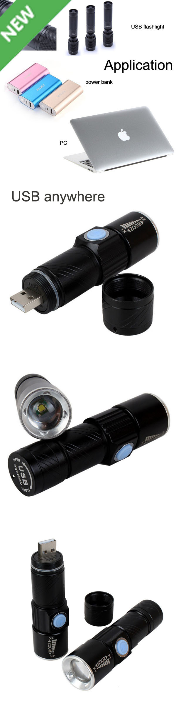 Mini USB Rechargeable CREE XPE R2 Zoom Torch (POPPAS-C92)