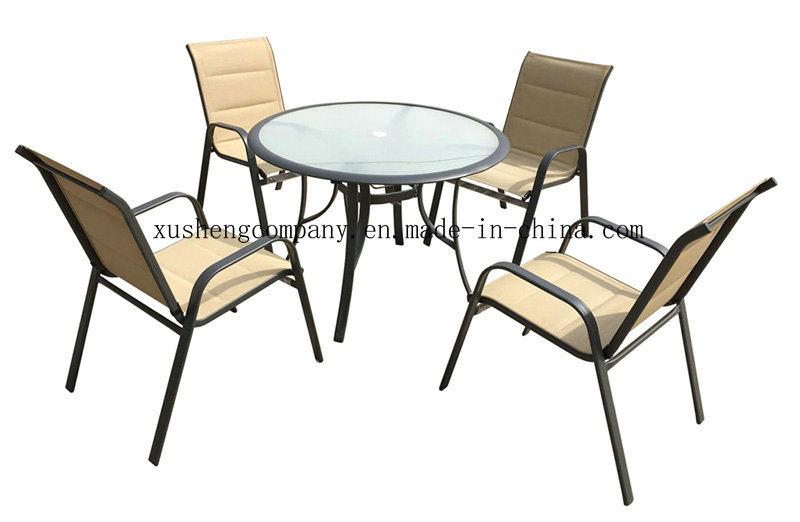 Popular Modern Garden Furniture Dining Steel Chair with Glass Coffee Table Set