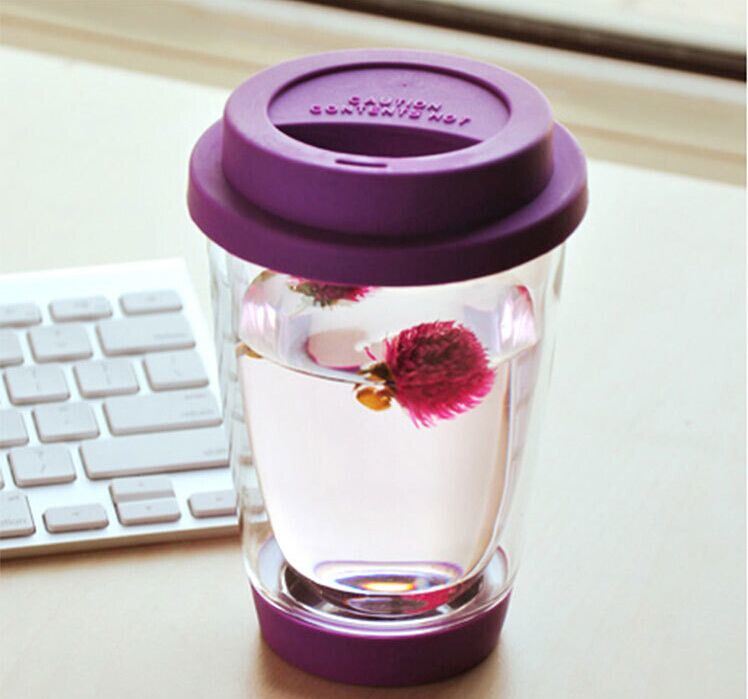 350ml Double Layer Glass Coffee Cup with Silicone Cup Lid for Promotion