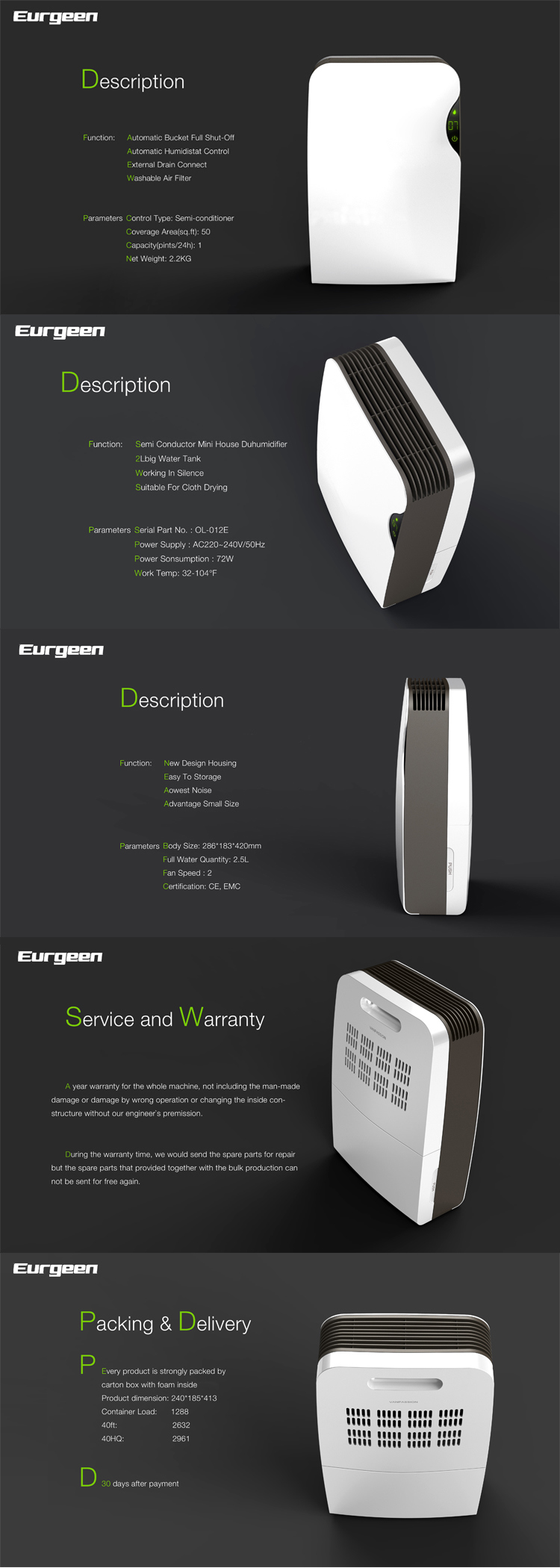 Eurgeen 1pints/Day Air Purifier Smart Home Dehumidifier with plastic Water Tank